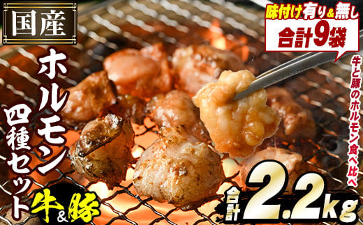 [選べる2種]国産!牛×豚ホルモン食べ比べ4種セット(合計2.2kg) 阿久根市 国産 特産品 小腸 味付 パック 詰め合わせ 詰合せ 炒め物 鍋 モツ おかず お弁当 小分け 個包装 焼肉 a-12-46-z