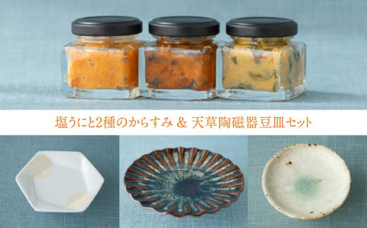 S145-002_塩うにと2種のからすみ＆天草陶磁器豆皿セット 1076994 - 熊本県天草市