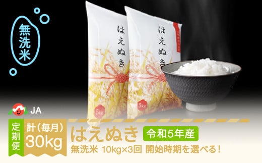 米 はえぬき 毎月定期便 10kg×3回 無洗米 令和5年産 山形県村山市産 ja-hamxa10_tm