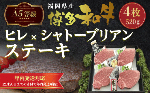 A5等級 福岡県産 博多和牛 ヒレ×シャトーブリアンステーキ 4枚 520g　LZ001