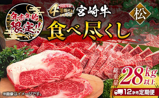 年末年始限定 12か月 お楽しみ 定期便 宮崎牛 食べ尽くし セット 松プラン 総重量28kg以上 期間限定 数量限定 肉 牛肉 国産 小分け おすすめ ヒレ ロース モモ ステーキ すき焼き しゃぶしゃぶ 焼肉 牛丼 贈答 ギフト 冷凍 12回 宮崎県 日南市 送料無料_AW2-23