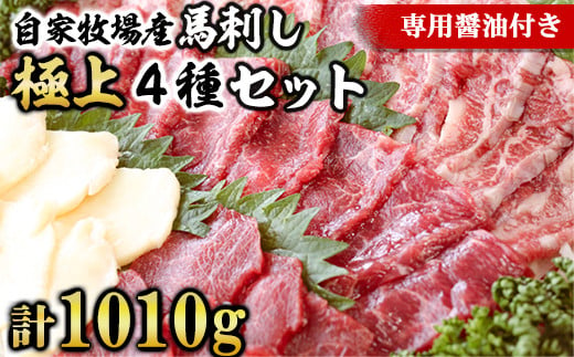 [熊本名物]自家牧場産 馬刺し極上4種セット 極上霜降り240g 上赤身240g 赤身480g たてがみ50g(専用醤油付き)