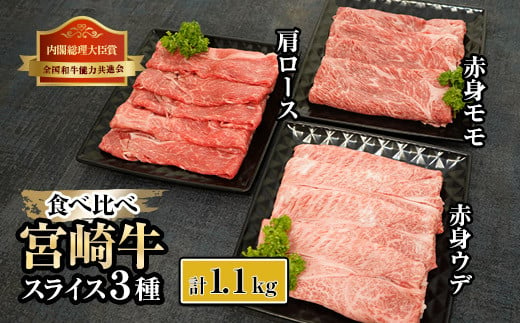 KU441 宮崎牛赤身モモ肉400g、赤身ウデ肉400g、肩ロース300ｇの食べ比べスライスセット（合計1.1kg） 556177 - 宮崎県串間市
