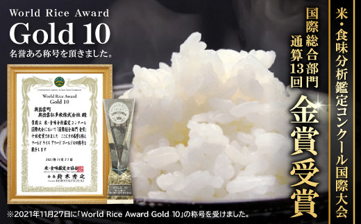 米・食味分析鑑定コンクール国際大会の国際総合部門にて、通算12回 金賞受賞!!「Gold 10」という名誉ある称号を頂きました。