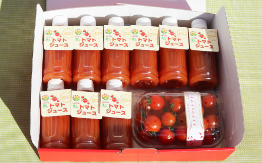 専用箱に詰めたトマトジュースとミニトマトをヤマト運輸の常温便にてお届けいたします。