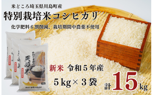 新米 特別栽培米 コシヒカリ 白米 15kg （5kg×3袋）食味値80以上 栽培