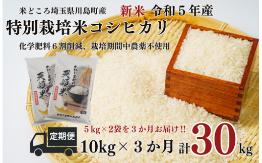 新米 定期便 3か月連続お届け 特別栽培米 コシヒカリ 白米 10kg （5kg×2袋）×3回 計30kg 食味値80以上 栽培期間中農薬不使用  有機肥料 かわじま町の天領米 令和5年産 2023年産 小分け 米 コメ 安心 安全 減農薬 埼玉県認証 埼玉県 川島町|一般社団法人さまちか,