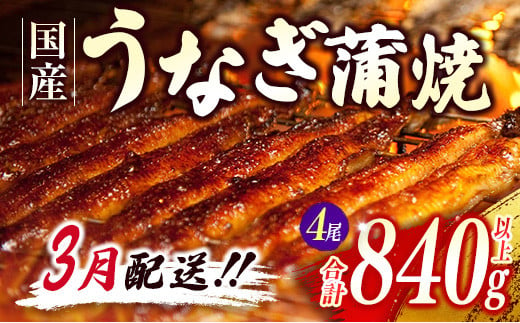 配送月が選べる!!＞鰻楽 国産うなぎ蒲焼4尾（無頭）計840g以上 新富町