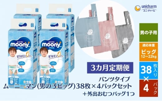 数量限定【3ヶ月連続定期便】ムーニーマン  男の子用 ビッグサイズ 38枚×4袋 ＋外出おむつバッグ１つ 1173535 - 香川県観音寺市