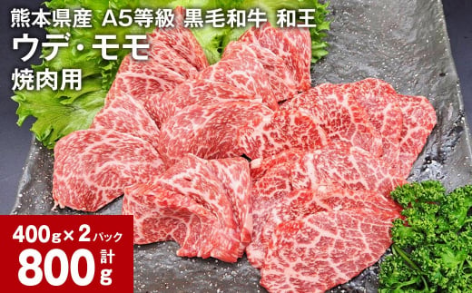 熊本県産 A5等級 黒毛和牛 和王 ウデ・モモ 焼肉用 400g×2パック 計800g  1179685 - 熊本県合志市