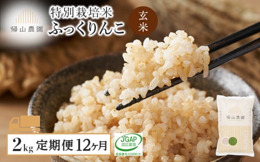 【定期便 12ヶ月】特別栽培米産地直送 玄米 ふっくりんこ 2kg×12回 《帰山農園》 1048902 - 北海道知内町