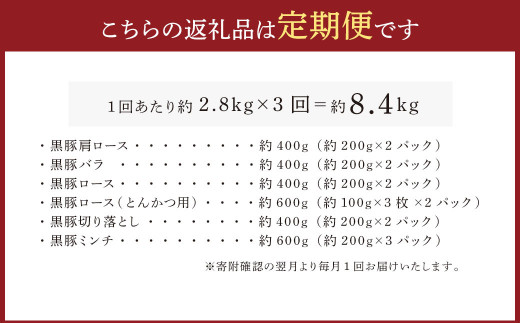 【3ヶ月定期便】鹿児島県産黒豚 6種詰合せ(約2.8kg×3回)