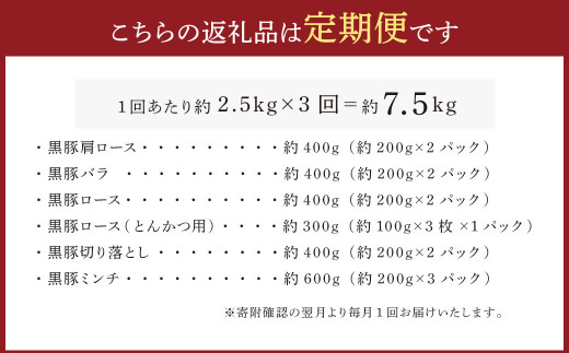【3ヶ月定期便】鹿児島県産黒豚 6種詰合せ(約2.5kg×3回)