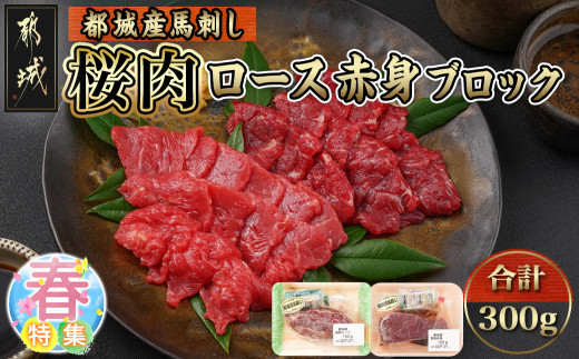 都城産「桜肉」馬刺し ロース・赤身ブロック300gセット_MJ-0119_(都城市) 都城産馬刺 ロースブロック 赤身ブロック 各150g×1 真空 醤油 生姜の小袋付き 桜肉 馬刺し