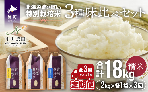 北海道浦河町の特別栽培米3種(ななつぼし・きたくりん・おぼろづき)を「精米」して食べ比べセット定期便でお届けします。