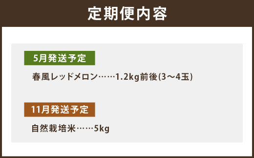 【2回定期便】つるたファームから旬のお届け便 Red(自然栽培米 5kg・春風レッドメロン 1.2kg前後)