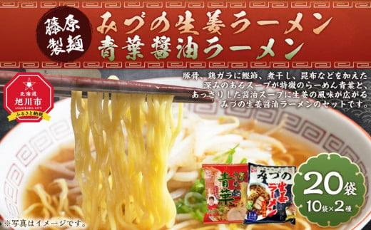 藤原製麺 旭川製造 みづの生姜ラーメン 1箱(10袋入)/青葉醤油ラーメン 1箱(10袋入)インスタント袋麺 インスタント袋麺_03489 1228501 - 北海道旭川市