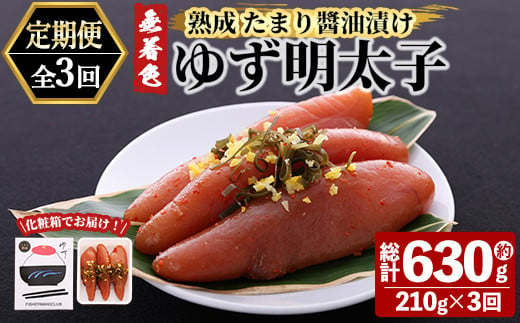 [定期便・全3回(連続)]プチプチ粒感!熟成 たまり醤油漬け 無着色 ゆず明太子3本入り(総量630g・210g×3回) 国産 福岡県産 明太子 魚介 海鮮 魚卵 柚子 ゆず 醤油 醬油漬け[離島配送不可][ksg1414][フィッシャーマンズクラブ]