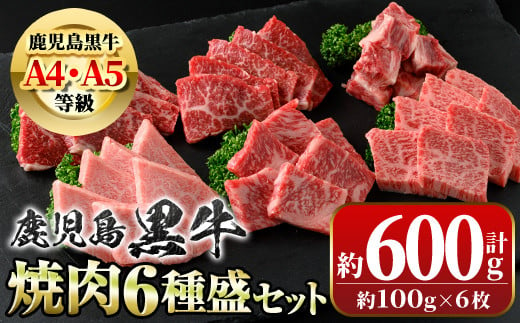 B01033 鹿児島黒牛 食べ比べ焼肉6種盛(計約600g・各100g×6種)【新村畜産】
