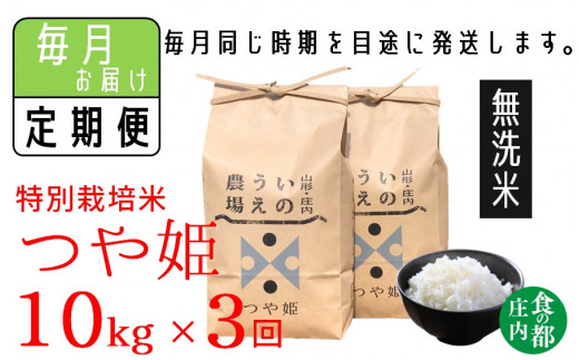 [定期便3回][無洗米]井上農場の特別栽培米 つや姫10kg×3回(計30kg)