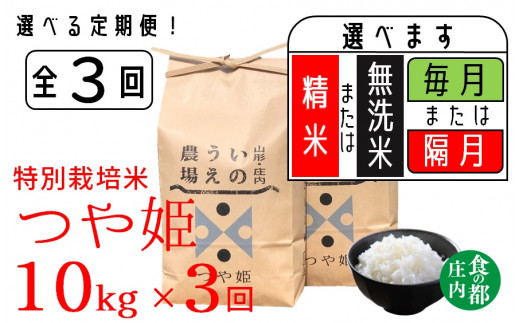 食の都庄内 [定期便3回]井上農場の特別栽培米 つや姫10kg×3回(計30kg)[隔月][毎月][精米][無洗米]選べます!