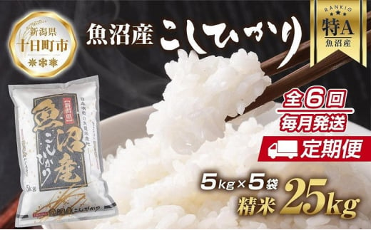 【定期便】 新潟県 魚沼産 コシヒカリ お米 25kg×計6回 精米済み 半年間 毎月発送 こしひかり（お米の美味しい炊き方ガイド付き）