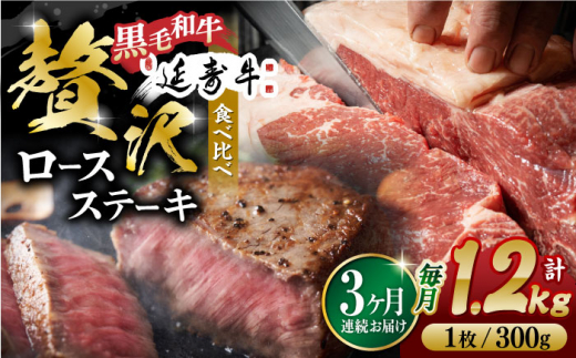 【3回定期便】熊本県産 黒毛和牛 × あか牛 ロース ステーキ 食べ比べ 約 300g×4枚【有限会社 九州食肉産業】 [ZDQ105]