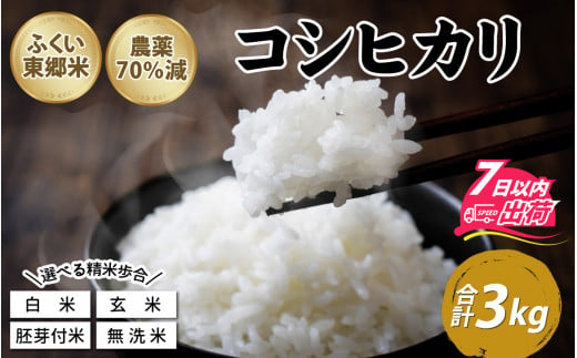 令和5年産 ふくい東郷米 特別栽培米 農薬70%減 コシヒカリ 3kg [A-020007]