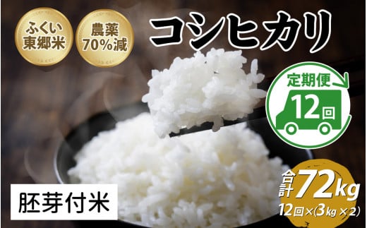 【定期便12ヶ月連続】令和5年産 ふくい東郷米 特別栽培米 農薬70％減 コシヒカリ 6kg(3kg×2袋)×12ヶ月 合計72kg【胚芽付米】[M-020014_03] 1005019 - 福井県福井市