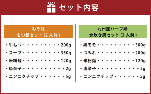 【博多名物】九州産ハーブ鶏水炊き&国産牛もつ鍋(みそ味) 食べ比べセット 各2人前