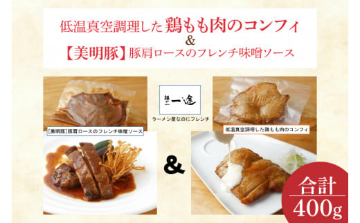 EO-6【美明豚】豚肩ロースのフレンチ味噌ソースと低温真空調理した鶏もも肉のコンフィ 1184553 - 茨城県行方市