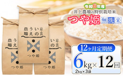 【令和6年産】【定期便12ヶ月】 井上農場の特別栽培米 つや姫 無洗米 6kg（2kg×3袋）×12ヶ月　K-637