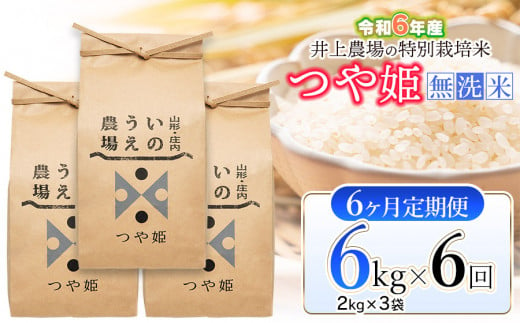 【令和6年産 先行予約】【定期便6ヶ月】 井上農場の特別栽培米 つや姫 無洗米6kg (2kg×3袋)×6ヶ月　K-637