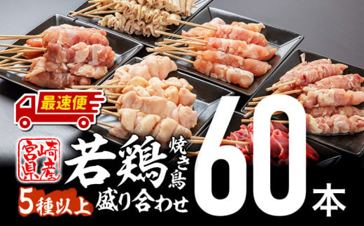 【最速便】宮崎県産若鶏の焼き鳥セット5種以上（60本）盛り合わせ（冷凍）_M146-001-Z