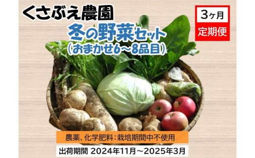 【3ヶ月定期便】 くさぶえ農園 冬の野菜セット (おまかせ6～8品目) 高原野菜 無農薬 簡単レシピ〈2024年11月1日出荷開始～2025年3月31日出荷終了〉【 産地直送 産直 高原野菜 季節の野菜 旬の野菜 有機野菜 有機栽培 農薬 化学肥料 不使用 長野県 佐久市 旬彩 】 1408492 - 長野県佐久市