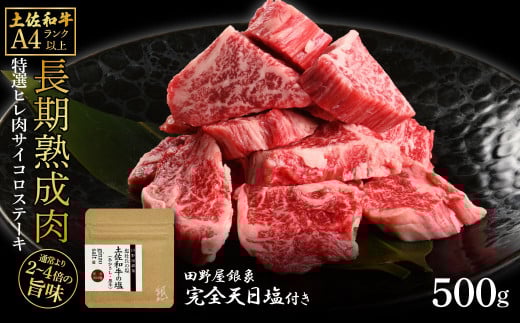 土佐和牛 特選ヒレ肉サイコロステーキ500g 田野屋銀象完全天日塩1P付き 特選 長期熟成肉 田野屋銀象 完全天日塩付き ヒレ肉 ステーキ 肉 お肉 和牛 牛肉 国産 牛 熟成肉 サイコロステーキ