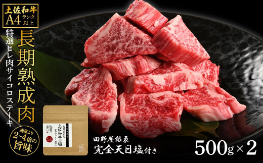 土佐和牛 特選ヒレ肉サイコロステーキ500g×2 田野屋銀象完全天日塩2P付き 1kg 1キロ 特選 長期熟成肉 田野屋銀象 完全天日塩付き ヒレ肉 ステーキ 肉 お肉 和牛 牛肉 国産 牛 熟成肉
