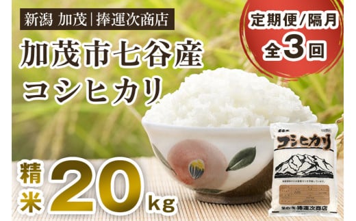 【令和6年産新米】【定期便3回隔月お届け】新潟県加茂市七谷産コシヒカリ 精米20kg（5kg×4）白米 捧運次商店 定期便 1014338 - 新潟県加茂市