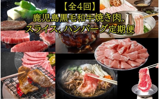 【全4回】鹿児島黒毛和牛焼き肉、スライス、ハンバーグ定期便 084-14