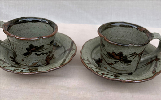 絵唐津松竹梅文ペアコーヒー椀皿 2組  ※画像はイメージです。