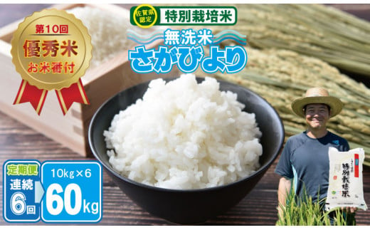 【定期便】連続６回 佐賀県認定 特別栽培米 「農薬：栽培期間中不使用」さがびより 無洗米 60kg（10kg×6 ）しもむら農園