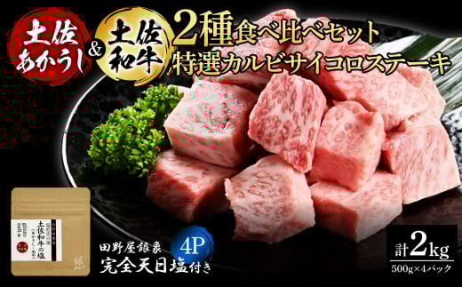 土佐あかうし＆土佐和牛2種食べ比べ 特選カルビサイコロステーキ500g 計4P 田野屋銀象完全天日塩4P付 牛肉 肉 お肉 和牛 国産 牛 赤身 ヒレ カルビ ロース ブロック サーロイン 熟成肉