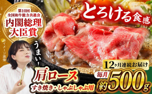 【月1回約500g×12回定期便】長崎和牛 肩ロース（すき焼き用）計6kg 長崎県/長崎県農協直販 [42ZZAA145] 肉 牛 和牛 ロース すき焼き 西海市 長崎 九州 定期便 948643 - 長崎県長崎県庁