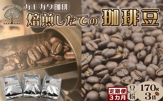 【カモガワ珈琲の定期便】焙煎したてのコーヒー豆 ３種（170g×３袋）３カ月《豆》《粉》　[0048-0002]
