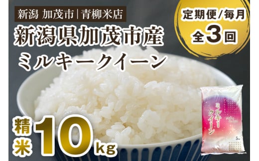 【令和6年産新米先行予約】【定期便3回毎月お届け】新潟県央地区 ミルキークイーン 精米10kg（5kg×2）新潟米 新潟産 お米 白米 加茂市 青柳米店 1013855 - 新潟県加茂市