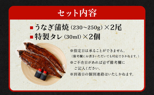 国産 特大 うなぎ 蒲焼 2尾 (460 〜 500g)と 特製タレ 2個 セット 鰻 かば焼き タレ付 冷凍