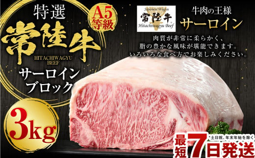 【特選】常陸牛（ひたちぎゅう）A5等級 サーロインブロック 3kg（茨城県共通返礼品 茨城県産） 1325857 - 茨城県守谷市