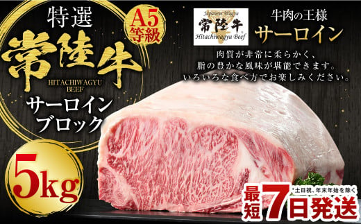 【特選】常陸牛（ひたちぎゅう）A5等級 サーロインブロック 5kg（茨城県共通返礼品 茨城県産） 1325859 - 茨城県守谷市