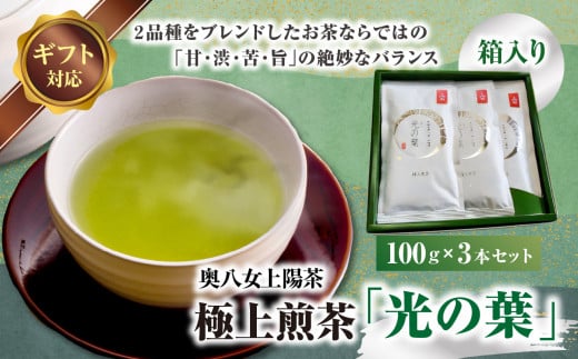 【ギフト用】奥八女上陽茶　極上煎茶「光の葉」100ｇ×3本セット箱 507281 - 福岡県八女市