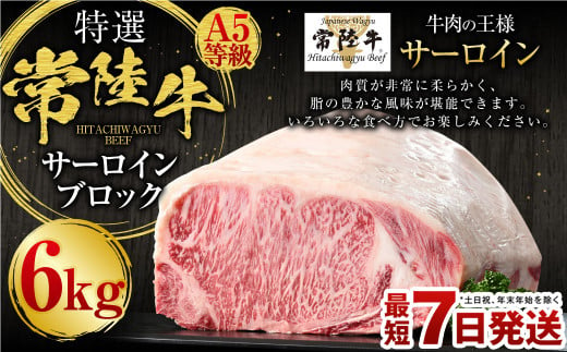 【特選】常陸牛（ひたちぎゅう）A5等級 サーロインブロック 6kg（茨城県共通返礼品 茨城県産） 1325860 - 茨城県守谷市